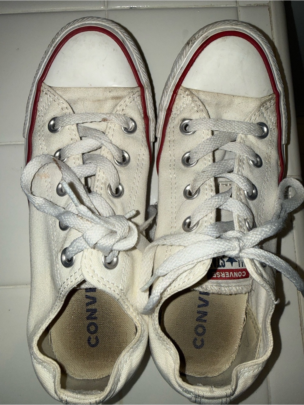 Women’s Converse Classic Low Top Sneakers in White with Red Trim